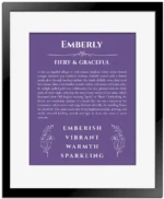 Emberly custom name art showing meaning and origin in purple with black matte frame
