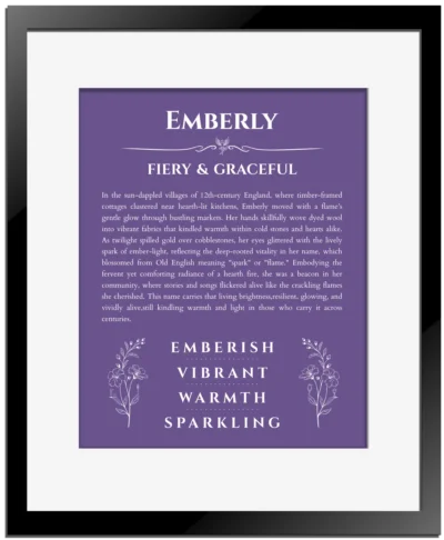 Emberly custom name art showing meaning and origin in purple with black matte frame