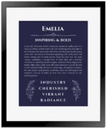 Emelia custom name print for wall display in navy blue with black matte frame