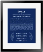 Emely custom name meaning print in deep blue with black matte frame