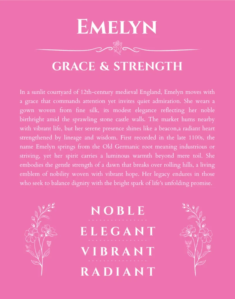 Emelyn personalized name print with origin and traits in pink