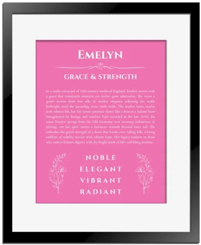 Emelyn personalized name print with origin and traits in pink with black matte frame