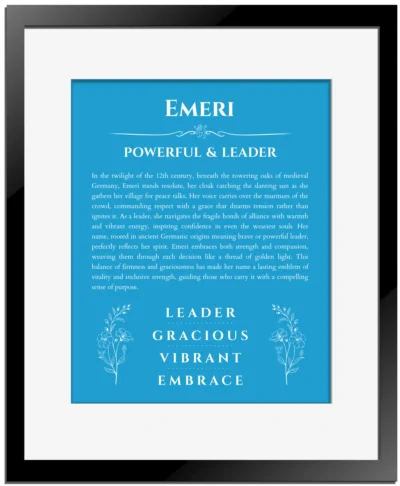 Emeri name origin print with meaning and traits in blue with black matte frame