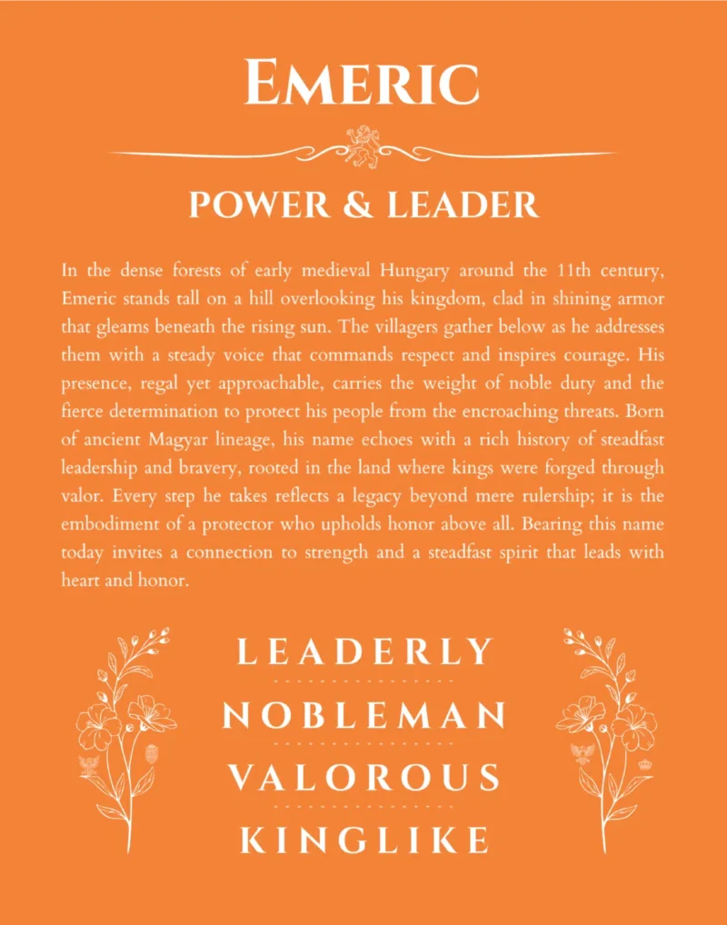 Emeric custom name art showing meaning and origin in orange