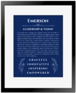 Emerson personalized wall art with the story of your name in deep blue with black matte frame