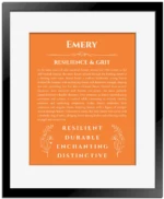Emery custom name meaning print in orange with black matte frame