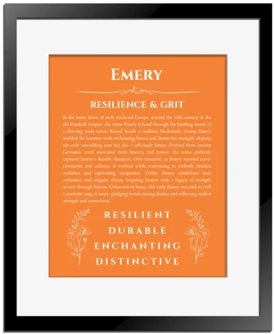 Emery custom name meaning print in orange with black matte frame