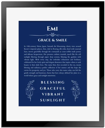 Emi name meaning gift print in deep blue with black matte frame