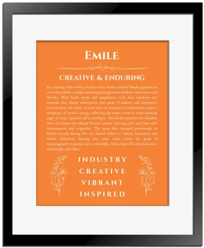 Emile personalized wall art with the story of your name in orange with black matte frame