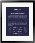Emilee name meaning gift print in navy blue with black matte frame