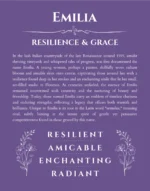 Emilia personalized name art with origin story in purple