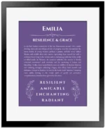 Emilia personalized name art with origin story in purple with black matte frame