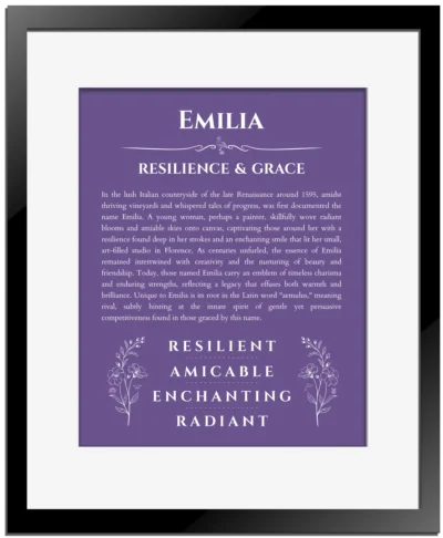 Emilia personalized name art with origin story in purple with black matte frame