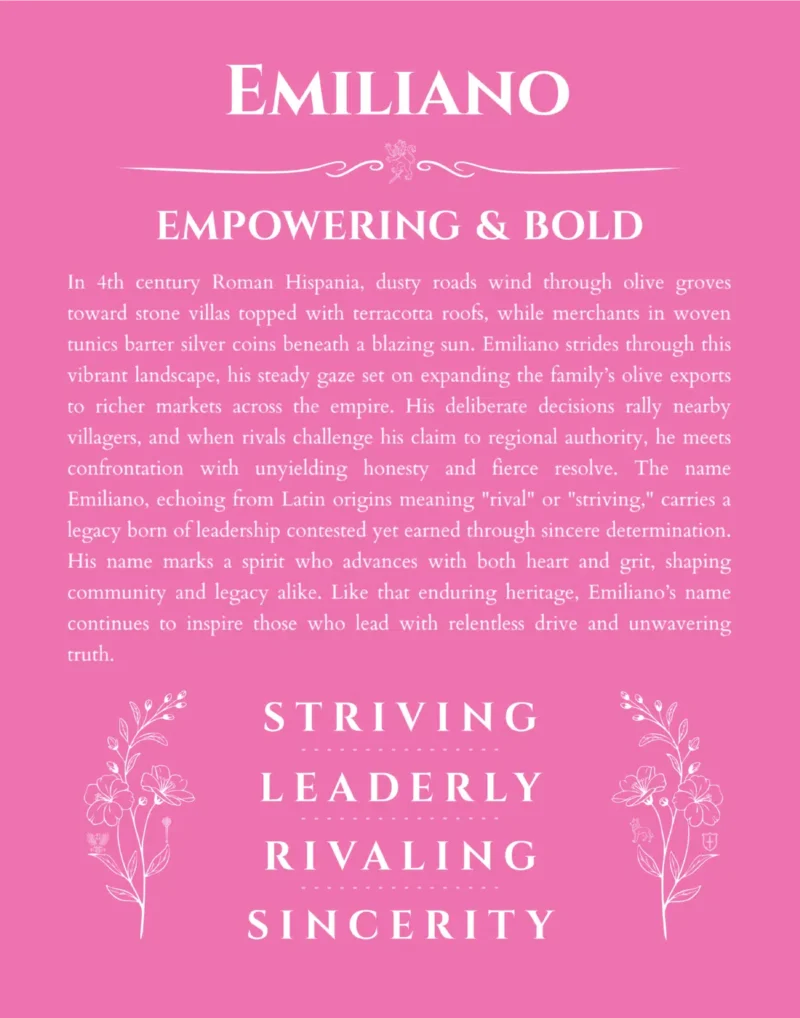 Emiliano custom name art showing meaning and origin in pink