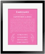 Emiliano custom name art showing meaning and origin in pink with black matte frame