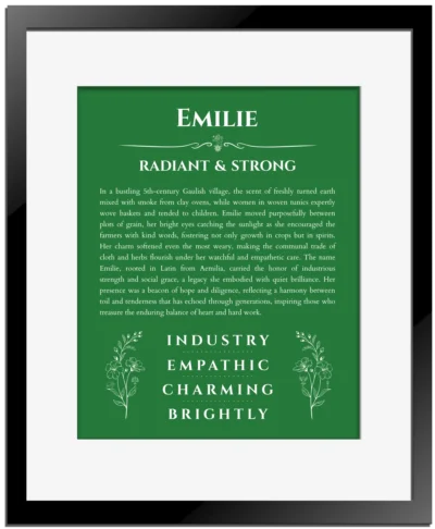 Emilie personalized name meaning print in dark green with black matte frame