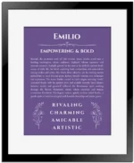 Emilio name meaning gift print in purple with black matte frame