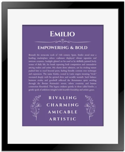 Emilio name meaning gift print in purple with black matte frame