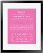Emily personalized name meaning print in pink with black matte frame