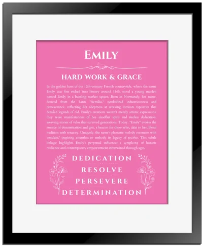 Emily personalized name meaning print in pink with black matte frame