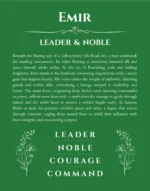 Emir custom name art showing meaning and origin in dark green