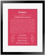 Emma custom name art showing meaning and origin in red with black matte frame
