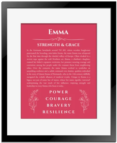 Emma custom name art showing meaning and origin in red with black matte frame