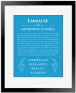 Emmalee personalized name meaning print in blue with black matte frame