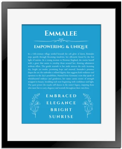 Emmalee personalized name meaning print in blue with black matte frame