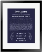 Emmaline name meaning gift print in navy blue with black matte frame
