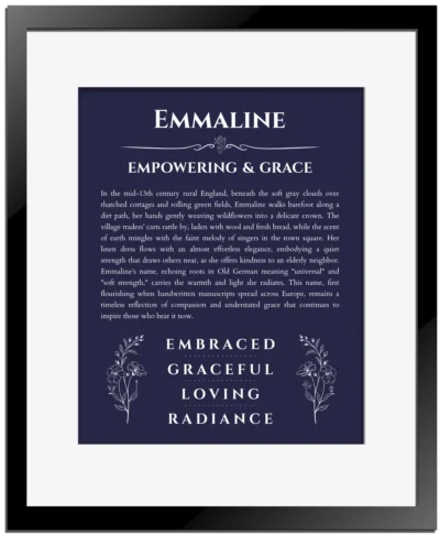 Emmaline name meaning gift print in navy blue with black matte frame