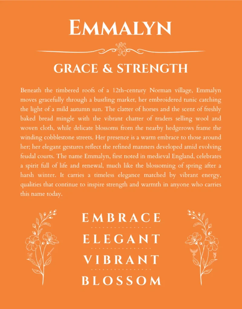 Emmalyn personalized name art with origin story in orange