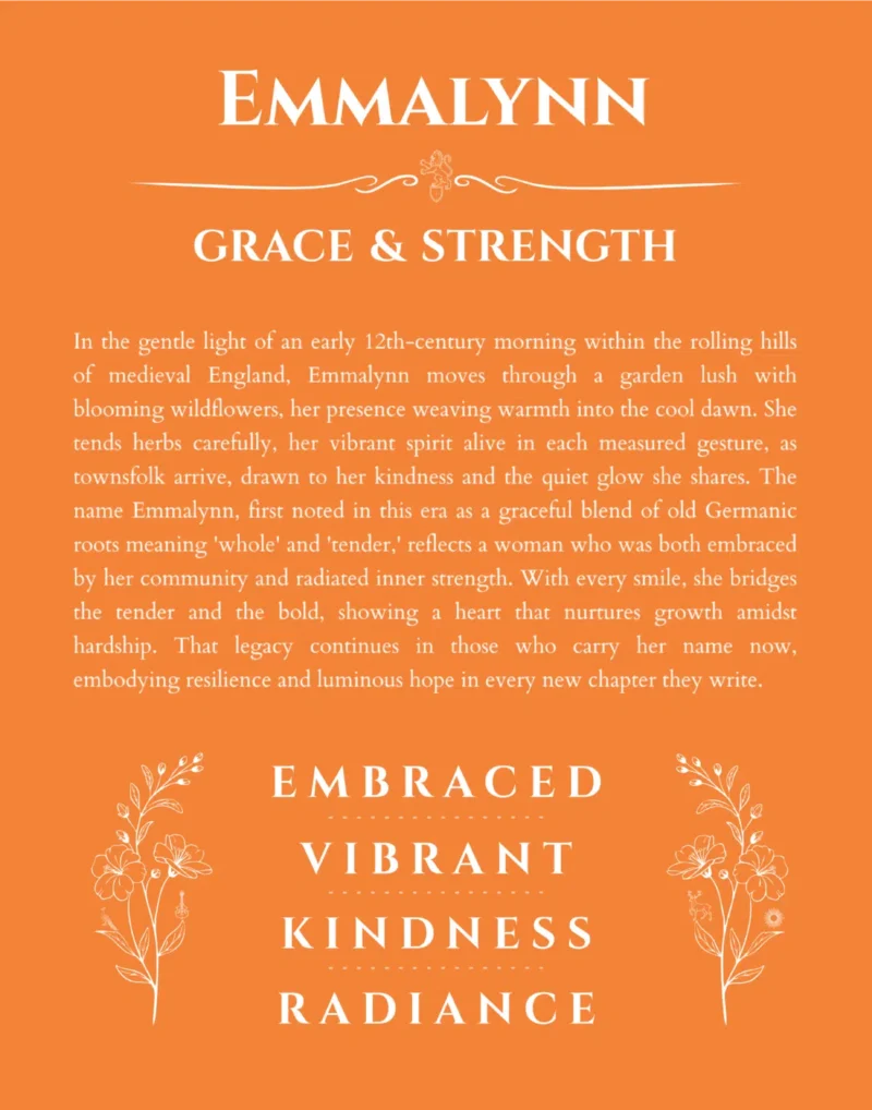 Emmalynn custom name art showing meaning and origin in orange