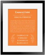 Emmalynn custom name art showing meaning and origin in orange with black matte frame