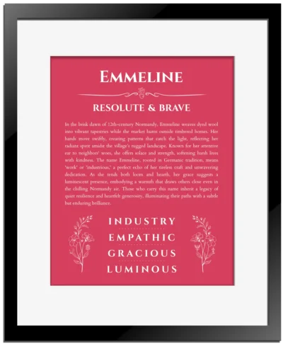 Emmeline personalized name print with origin and traits in red with black matte frame