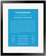 Emmerson custom name print for wall display in blue with black matte frame