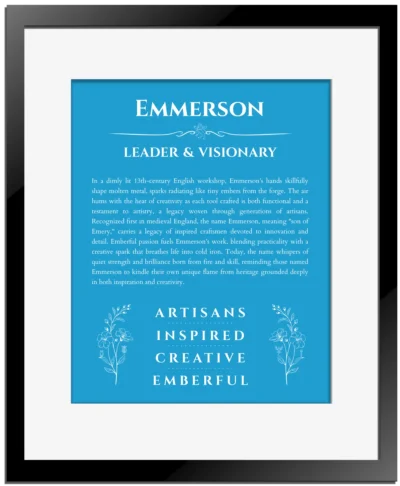 Emmerson custom name print for wall display in blue with black matte frame