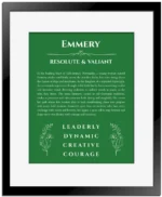Emmery custom name meaning print in dark green with black matte frame