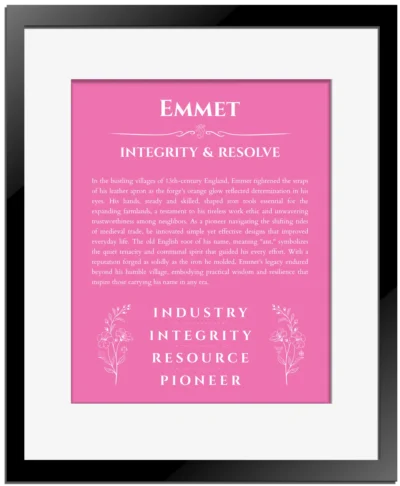 Emmet name meaning gift print in pink with black matte frame