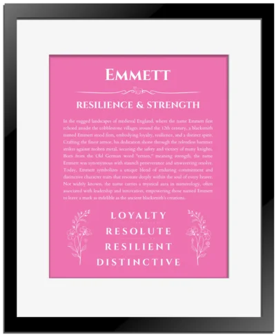 Emmett name meaning gift print in pink with black matte frame
