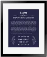Emmi personalized name print with origin and traits in navy blue with black matte frame