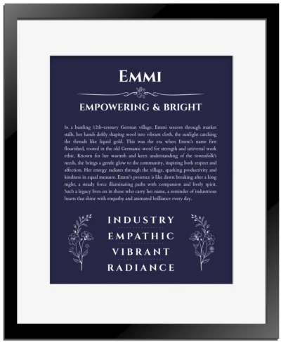 Emmi personalized name print with origin and traits in navy blue with black matte frame