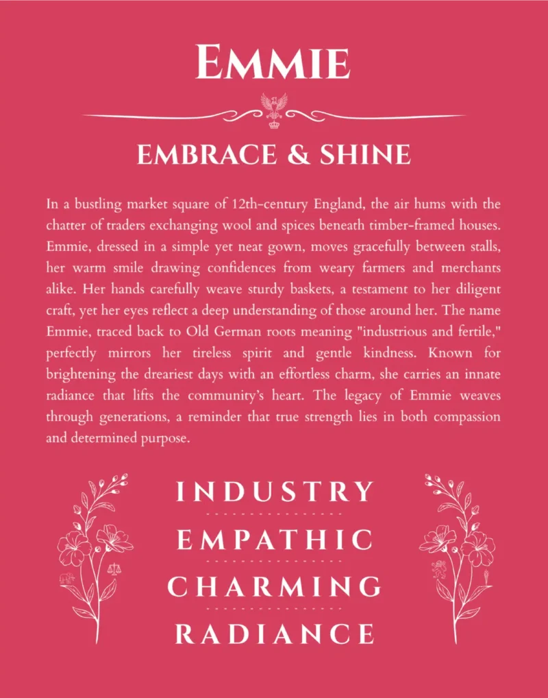 Emmie personalized name art with origin story in red