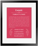 Emmie personalized name art with origin story in red with black matte frame