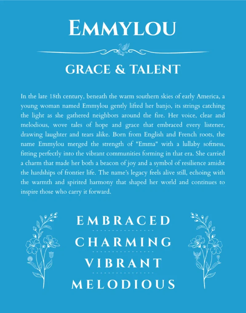 Emmylou custom name art showing meaning and origin in blue