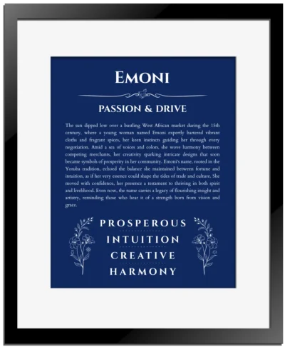 Emoni custom name print for wall display in deep blue with black matte frame