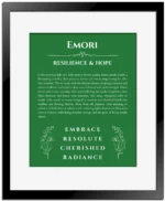 Emori personalized name meaning print in dark green with black matte frame