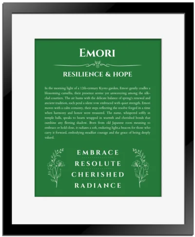 Emori personalized name meaning print in dark green with black matte frame
