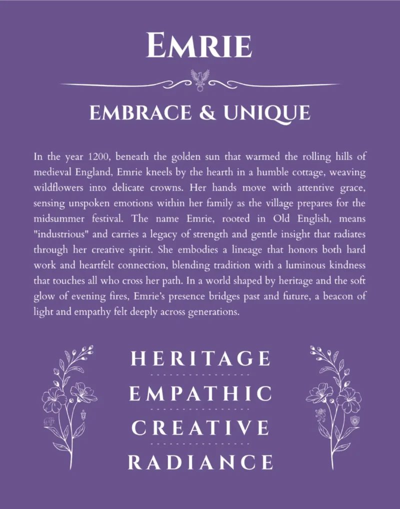 Emrie personalized name art with origin story in purple