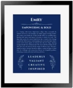 Emry name meaning gift print in deep blue with black matte frame